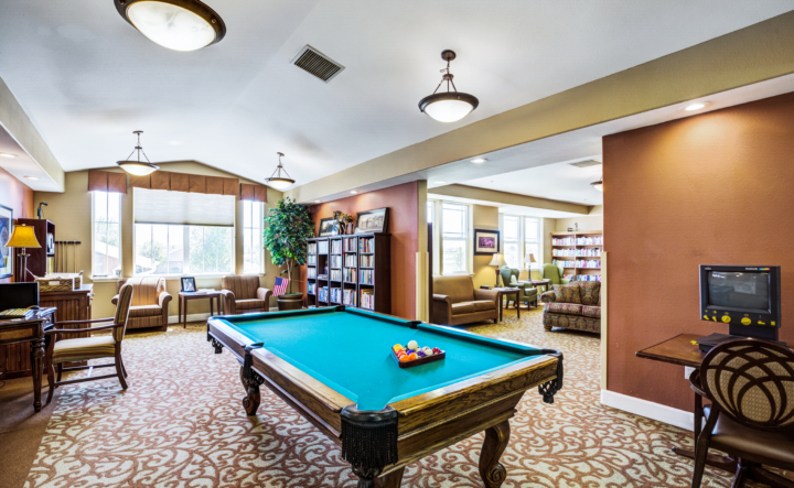 Senior living play room with billiards