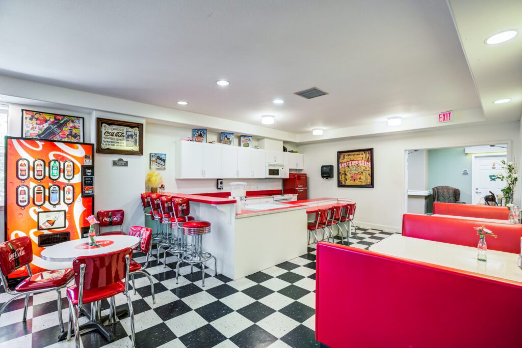 Senior living cafe with checkered floor