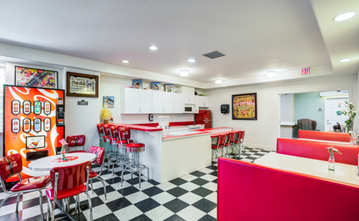 Senior living cafe with checkered floor