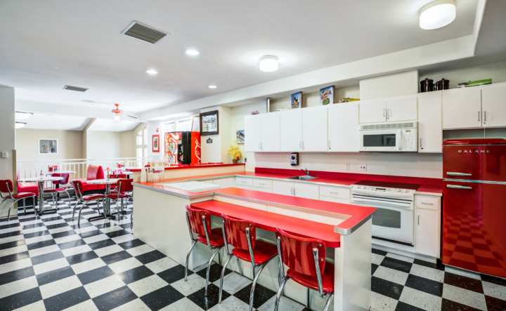Senior living cafe with checkered floor