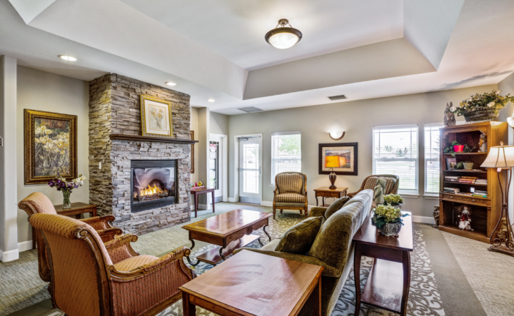 Senior living room with fireplace