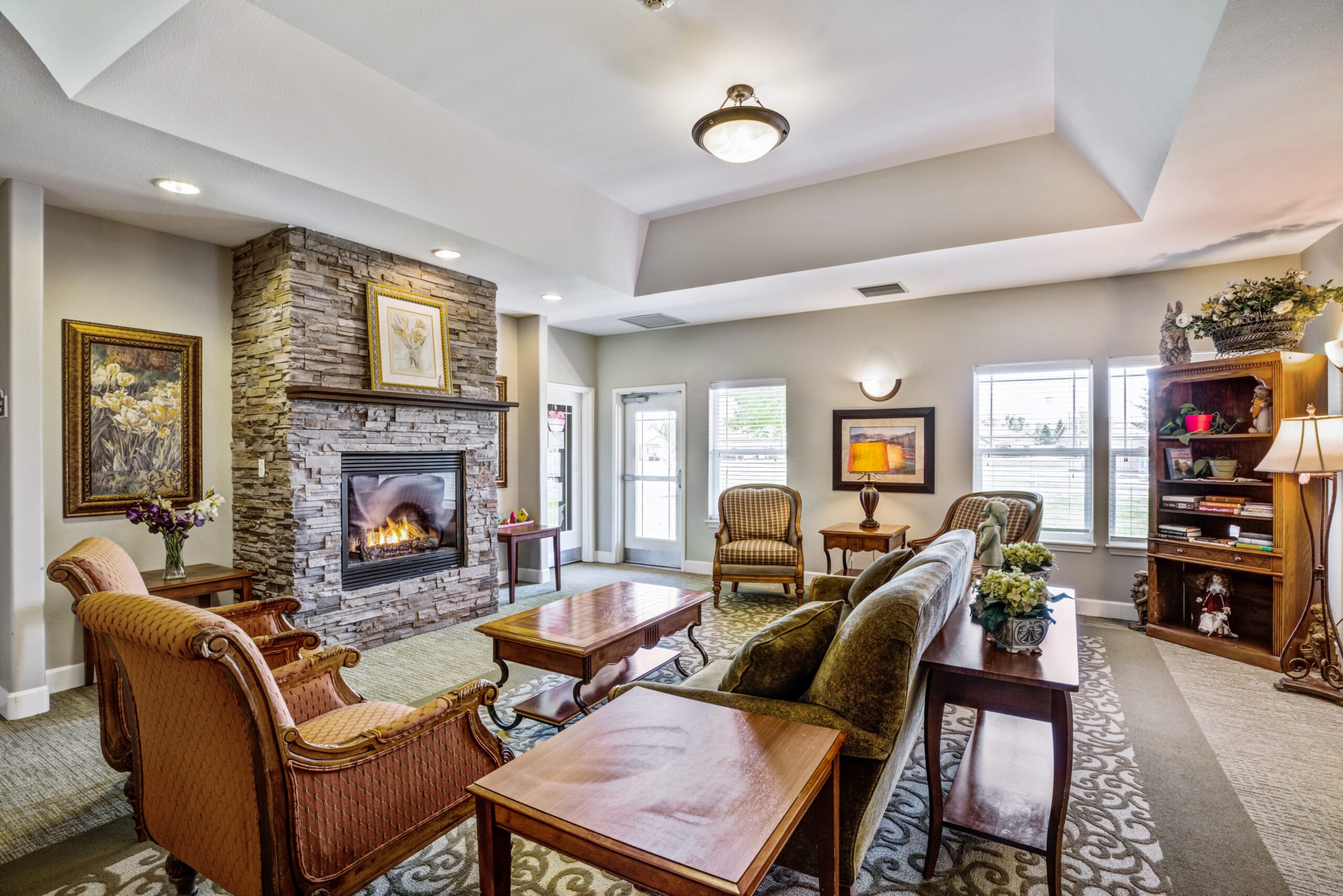 Senior living room with fireplace