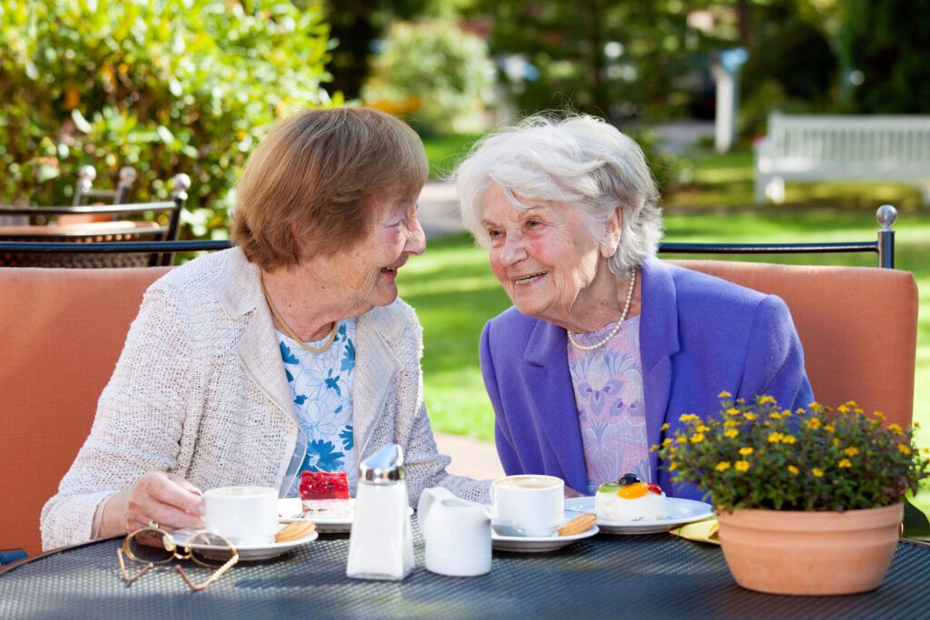 2 elderly woman share a meal and enjoy a conversation