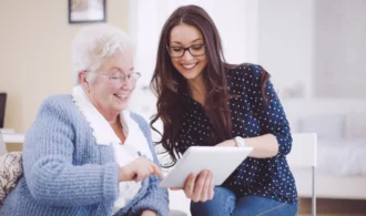 A woman talks through assisted living with her elderly parent