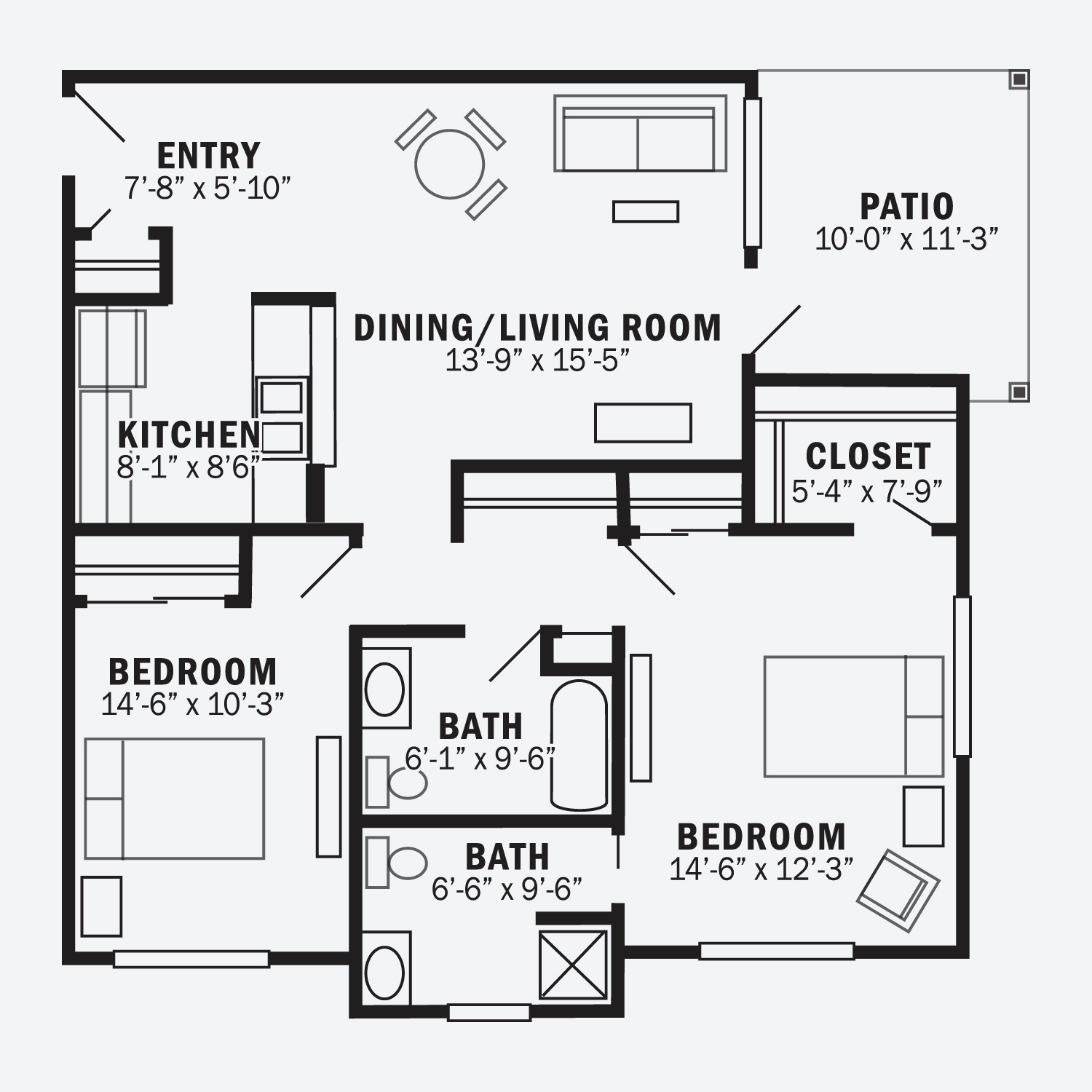 The Wexford - Two bedroom two bathroom apartment floor plan - Generations LLC